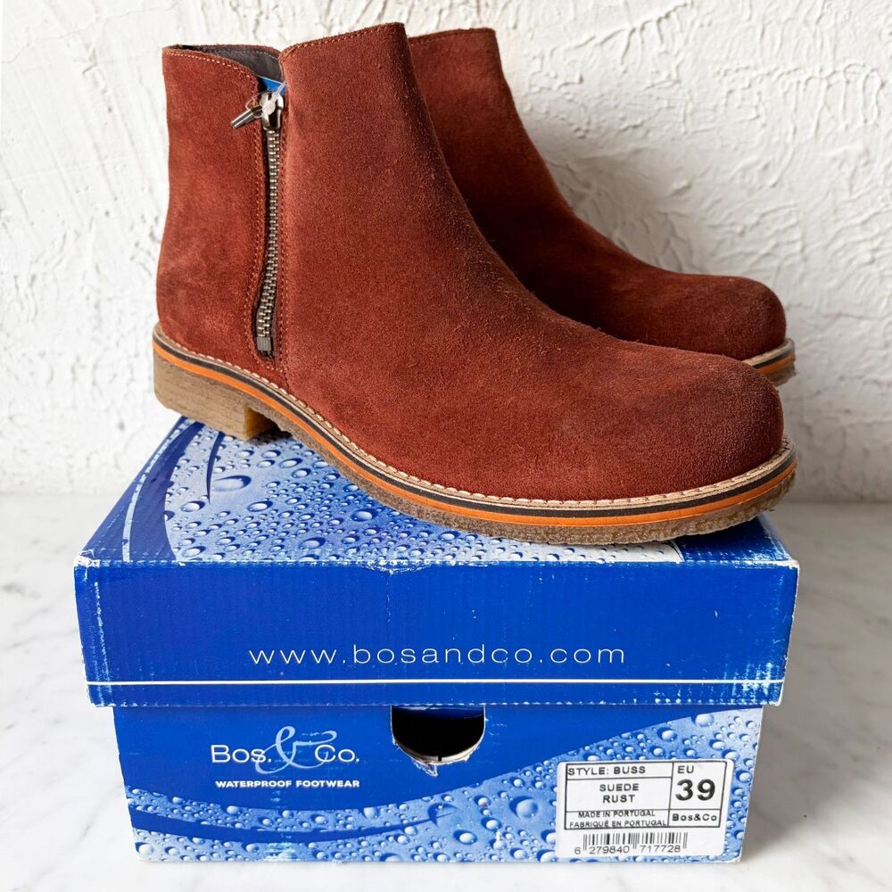 Bos & Co Buss Ankle Boot Womens 8.5/39 Suede Rust Waterproof Side Zip NEW in Box